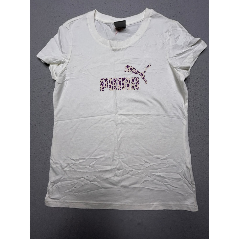 PUMA T Shirt Cotton Blend White Leopard Logo XL Womens